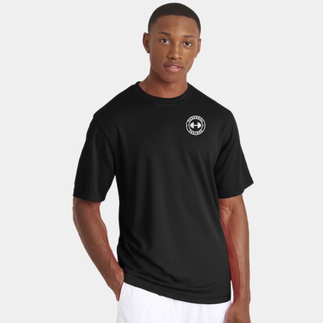 Customisable black performance gym T-shirt with Personal Trainer logo on male model