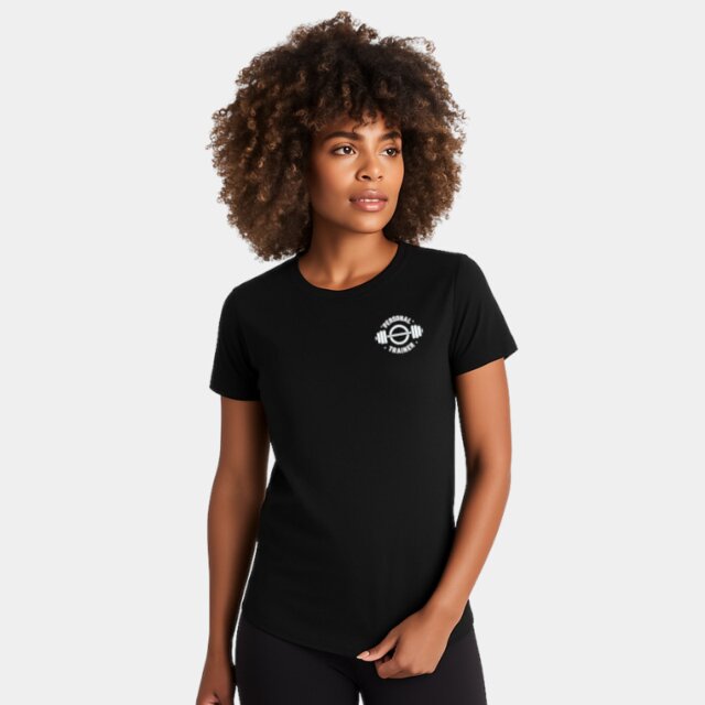 Customisable women's black performance gym T-shirt with Personal Trainer logo on female model