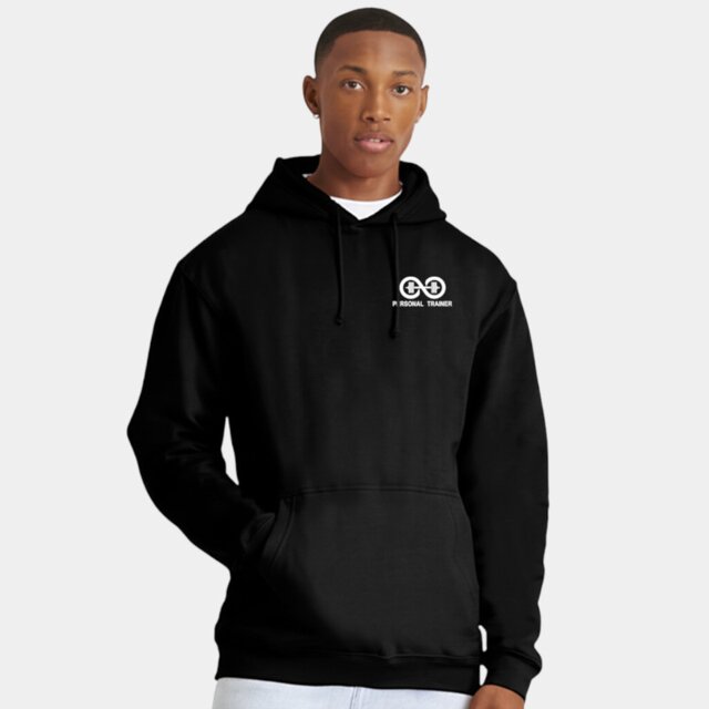 Customisable black gym hoodie with Personal Trainer logo on male model