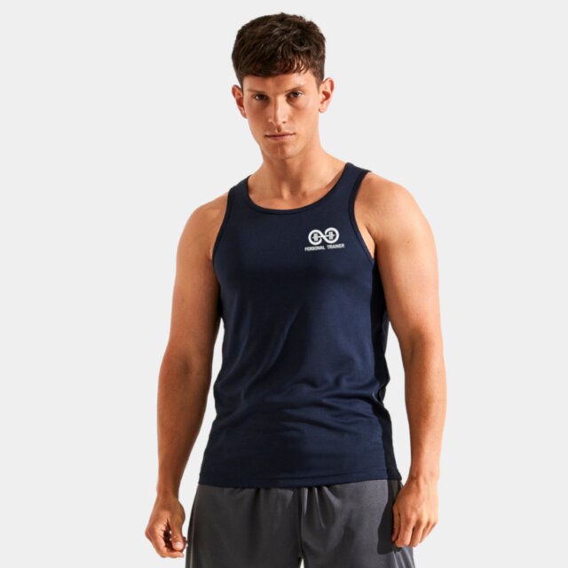 Customisable black performance gym vest with Personal Trainer logo on male model