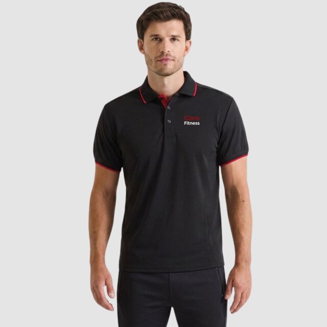 Customisable unisex black contrast red performance gym polo with logo on male model