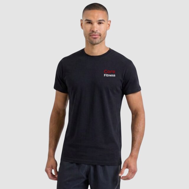 Customisable black gym T-shirt with logo on male model