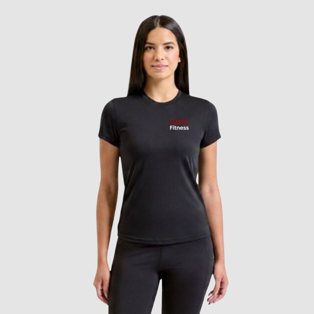 Customisable women's black performance gym T-shirt with logo on female model