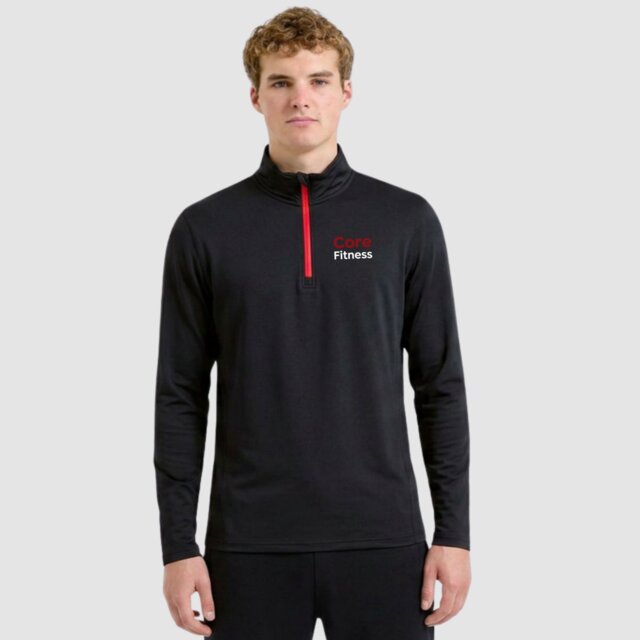Customisable unisex black contrast red performance quarter zip gym top with logo on male model