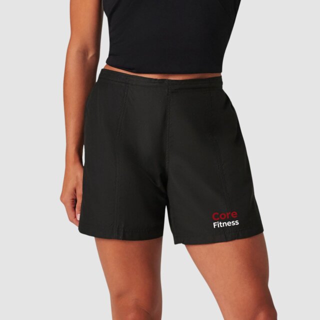 Customisable women's black Microfibre Gym Shorts with logo on female model