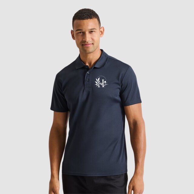 Customisable men's navy performance gym polo with logo on male model