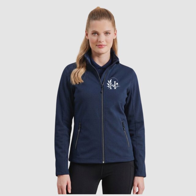 Customisable navy performance gym zipped sweat shirt with logo on female model
