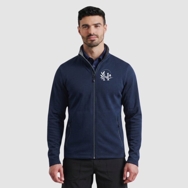 Customisable navy performance gym zipped seat shirt with logo on male model