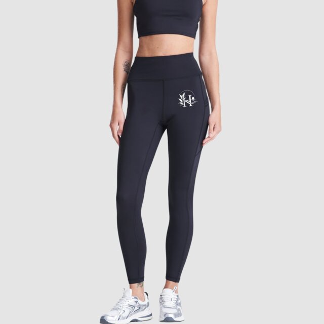 Customisable women's black performance gym legging with logo on female model