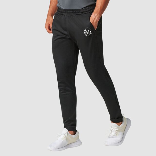 Customisable black performance gym track bottoms with logo on male model