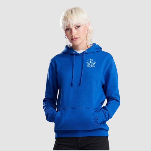 Customisable women's royal gym hoodie with logo on female model