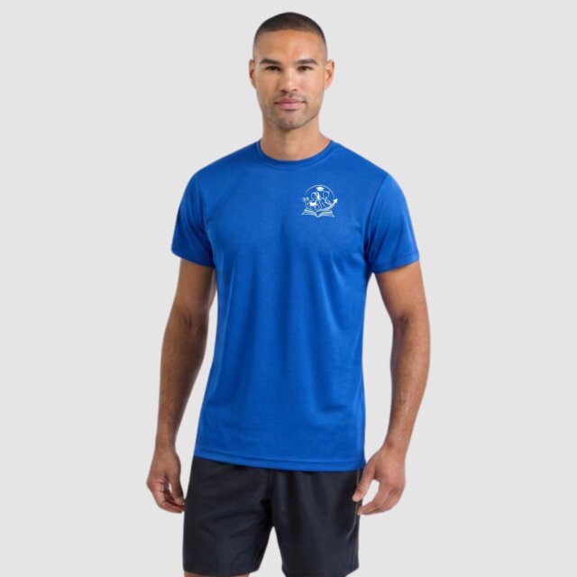 Customisable royal performance fitness T-shirt with logo on male model
