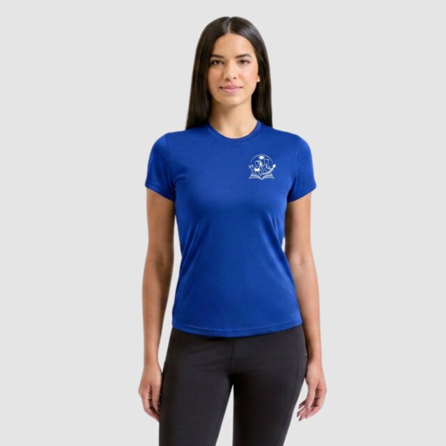 Customisable women's royal performance fitness t-shirt with logo on female model
