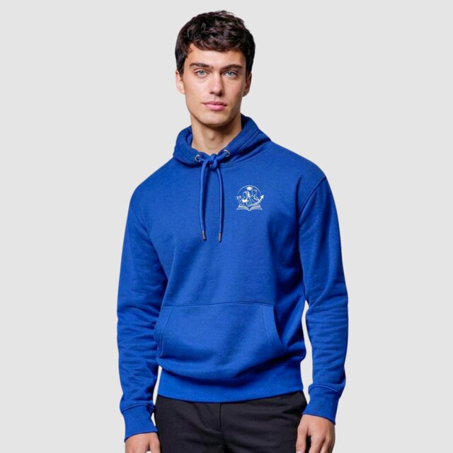 Customisable unisex royal gym hoodie with logo on male model