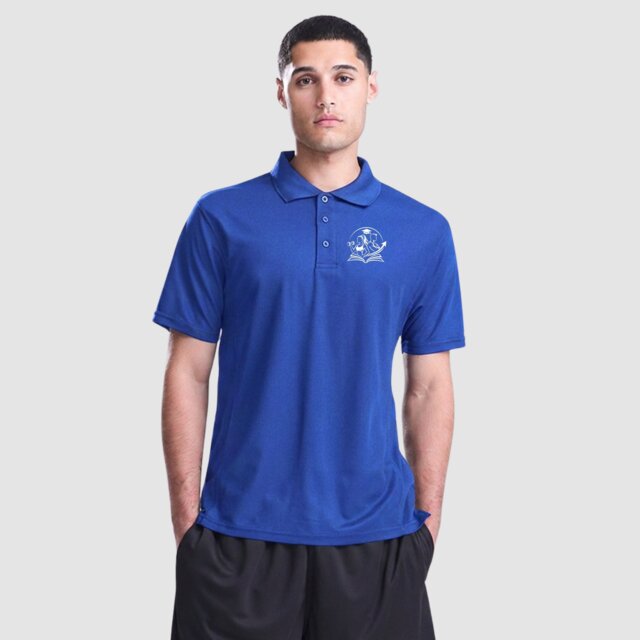 Customisable men's royal performance fitness polo with logo on male model