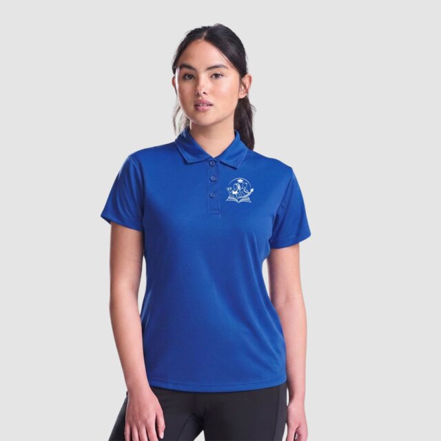 Customisable women's royal performance fitness polo with logo on female model