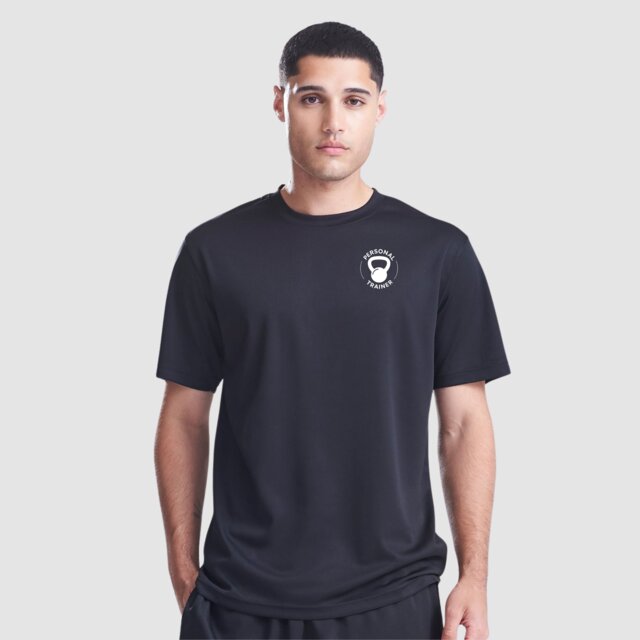 Customisable black performance gym T-shirt with Personal Trainer logo on male model