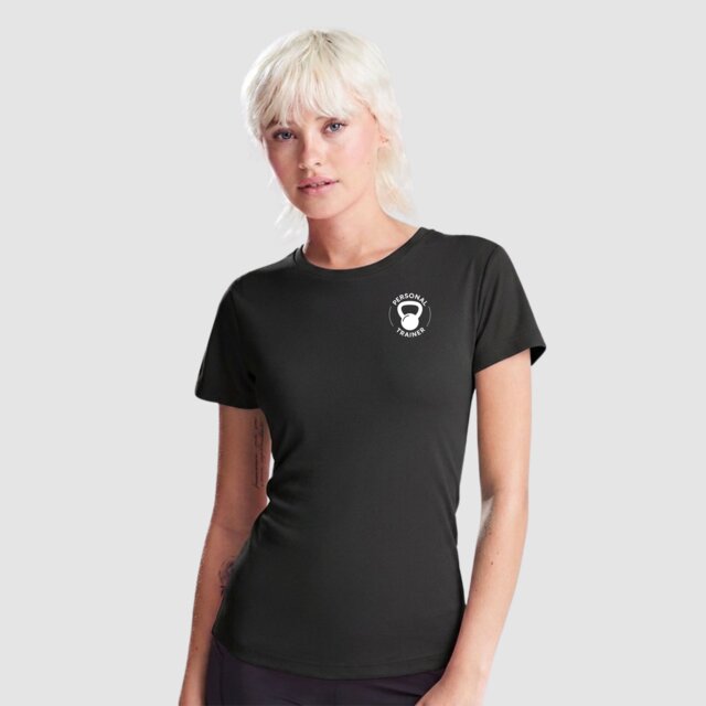 Customisable women's black performance gym T-shirt with Personal Trainer logo on female model