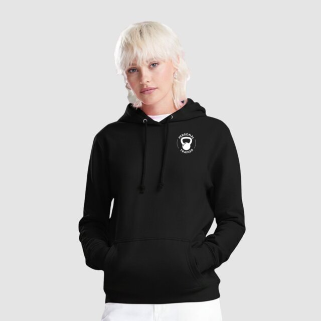 Customisable women's black gym hoodie with Personal Trainer  logo on female model