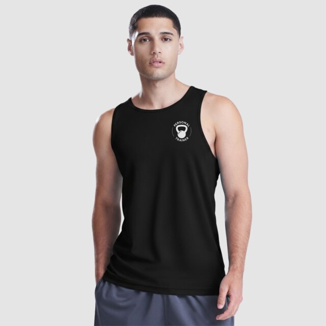 Customisable black performance gym vest with Personal Trainer logo on male model
