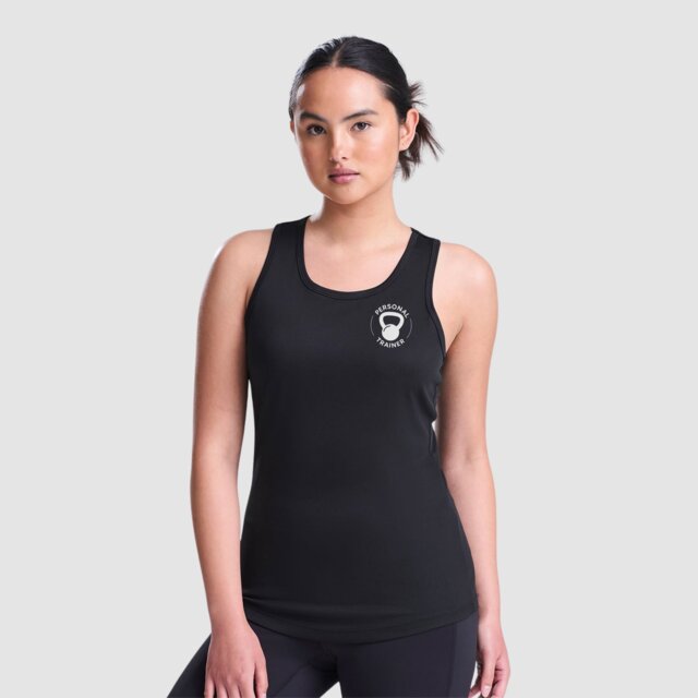 Customisable women's black performance racer back gym vest with Personal Trainer logo on female model