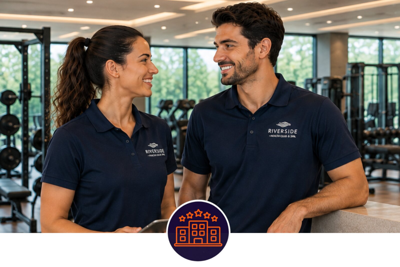 Hotel gym staff wearing custom printed fitness uniforms