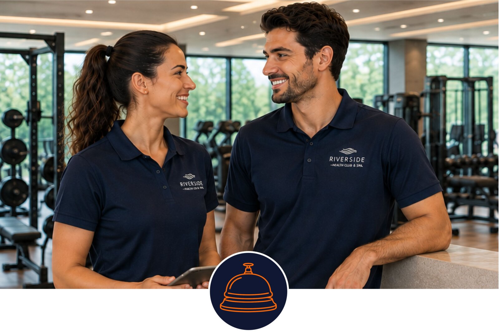 Hotel gym staff wearing custom printed fitness uniforms