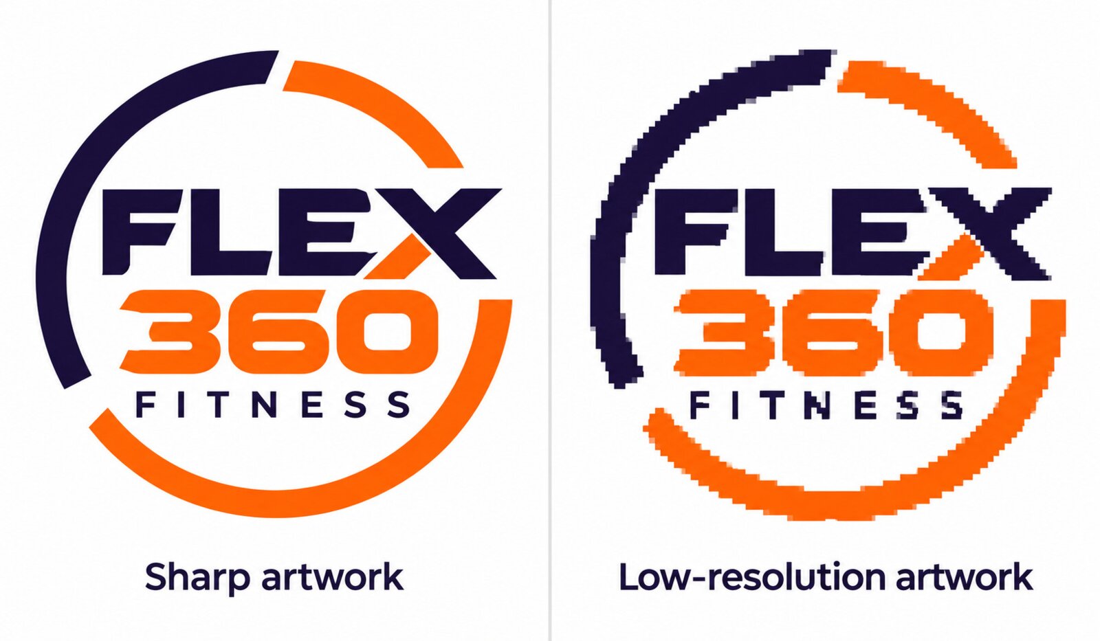 Sharp logo artwork compared with a pixelated, low-resolution version of the same design